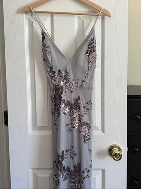 Silver-Gray Floral Sequin Full Length Mermaid Dress
